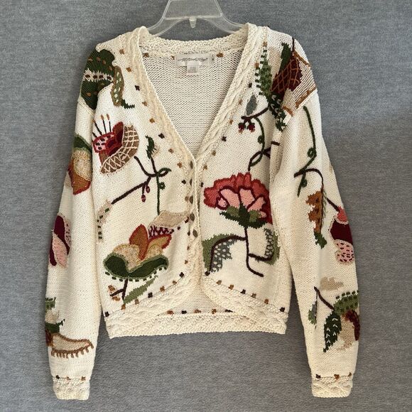 All Week Long Sweaters - All Week Long Chunky Cardigan Sweater M Floral Cottagecore Cabin Beige Crochet
